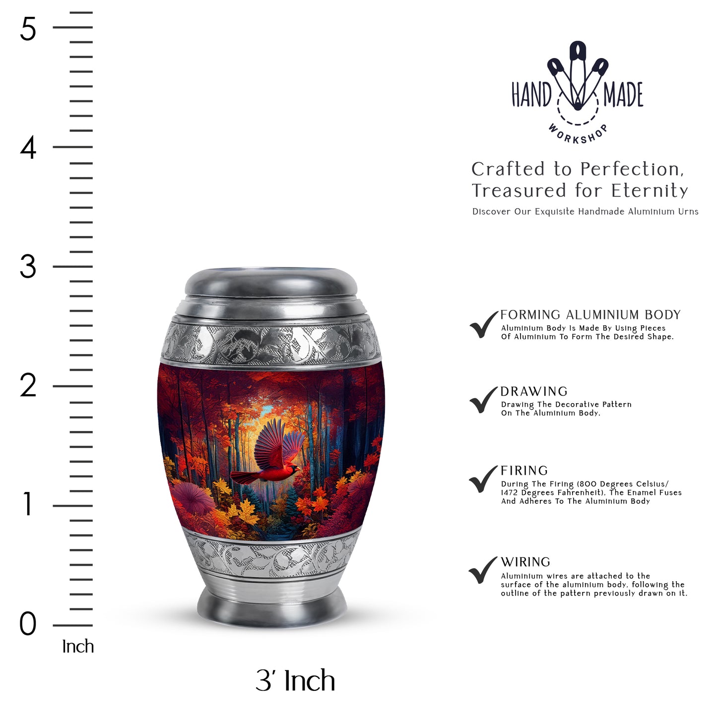 Rich Red Cardinal Cremation Urn lifestyle display on memorial shelf - majestic cardinal pattern with filigree border - mini keepsake memorial for portion of cremation ashes