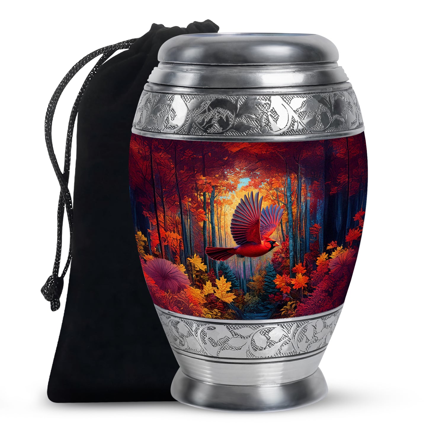 Cherry Red Cardinal Cremation Urn back view with polished surface - royal cardinal engraving with decorative scrollwork - full-size 10 inch 200 cubic inch adult cremation urn