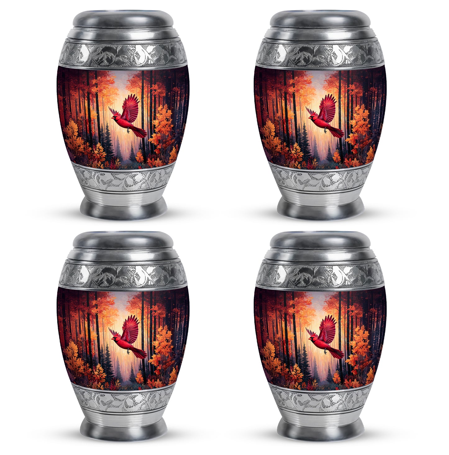 Garnet Red Cardinal Cremation Urn urn with complimentary velvet bag - ornate monarch-style cardinal relief on brushed aluminum - 10 inch aluminum urn for cremated remains