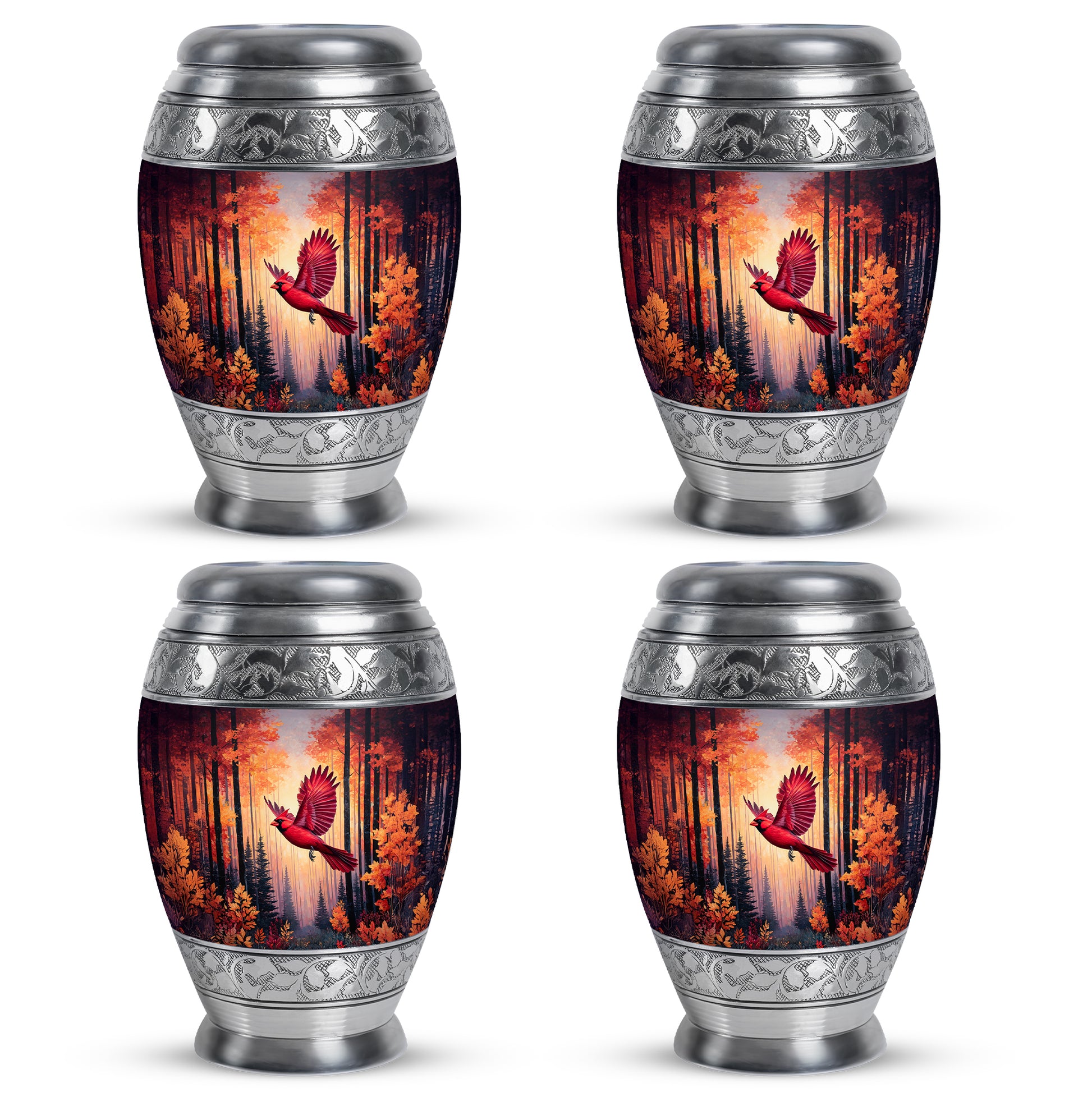 Garnet Red Cardinal Cremation Urn urn with complimentary velvet bag - ornate monarch-style cardinal relief on brushed aluminum - 10 inch aluminum urn for cremated remains