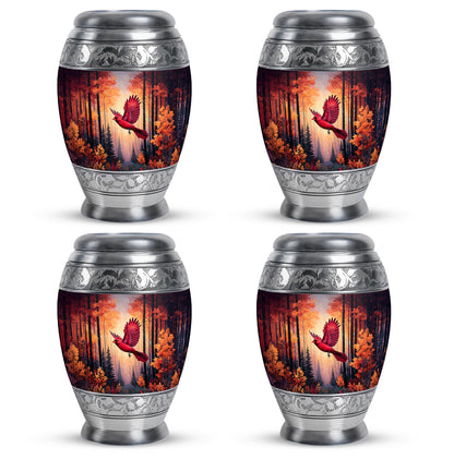 Garnet Red Cardinal Cremation Urn urn with complimentary velvet bag - ornate monarch-style cardinal relief on brushed aluminum - 10 inch aluminum urn for cremated remains
