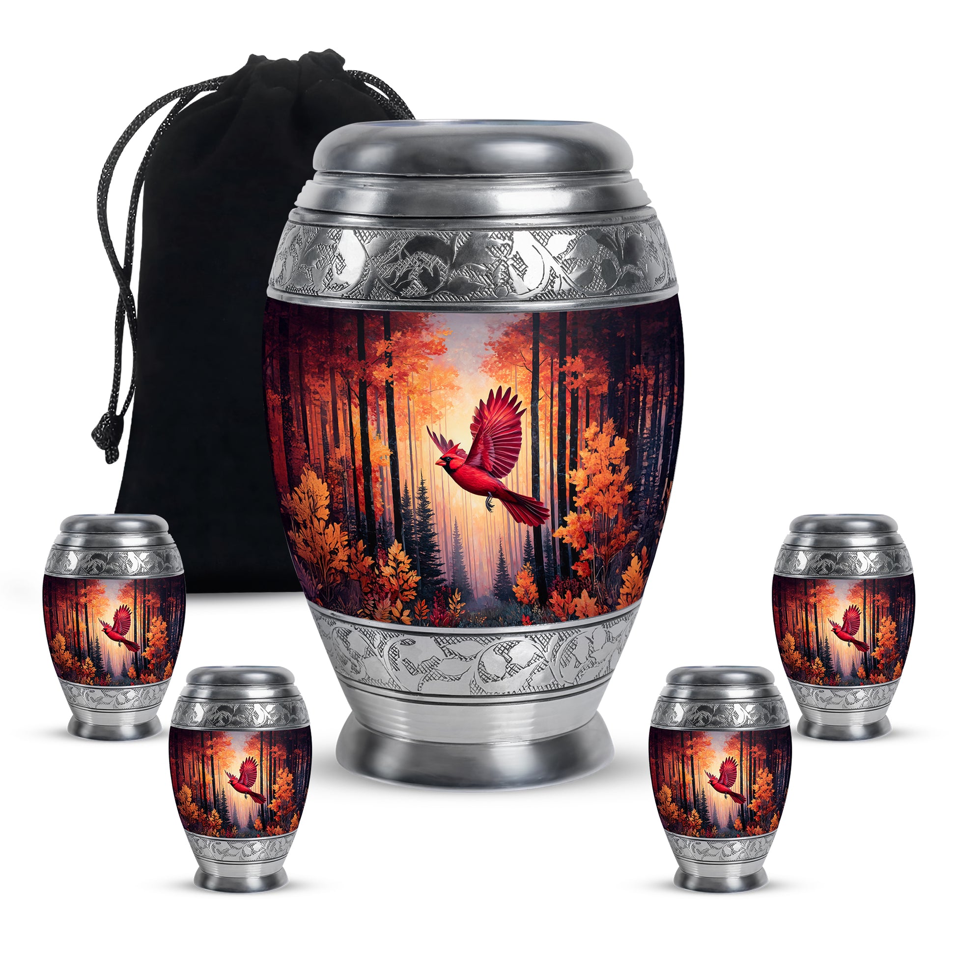 Garnet Red Cardinal Cremation Urn detail view - regal cardinal design with crown-inspired accents - memorial set with one large and four small urns