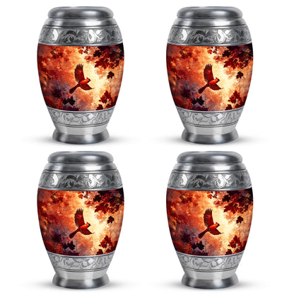 Ruby Red Cardinal Cremation Urn urn with complimentary velvet bag - royal cardinal engraving with decorative scrollwork - 10 inch aluminum urn for cremated remains
