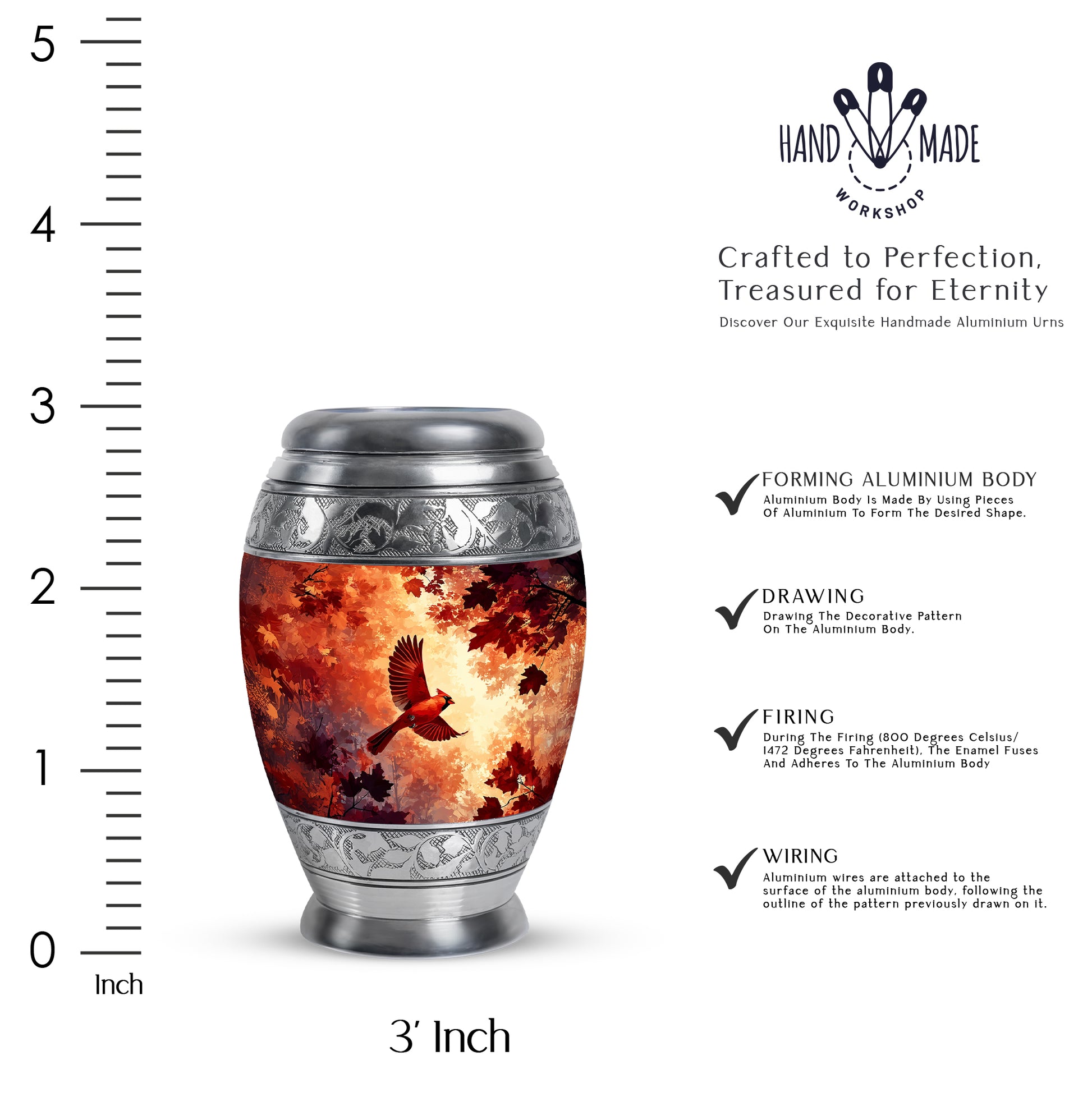 Ruby Red Cardinal Cremation Urn lifestyle display on memorial shelf - majestic cardinal pattern with filigree border - mini keepsake memorial for portion of cremation ashes