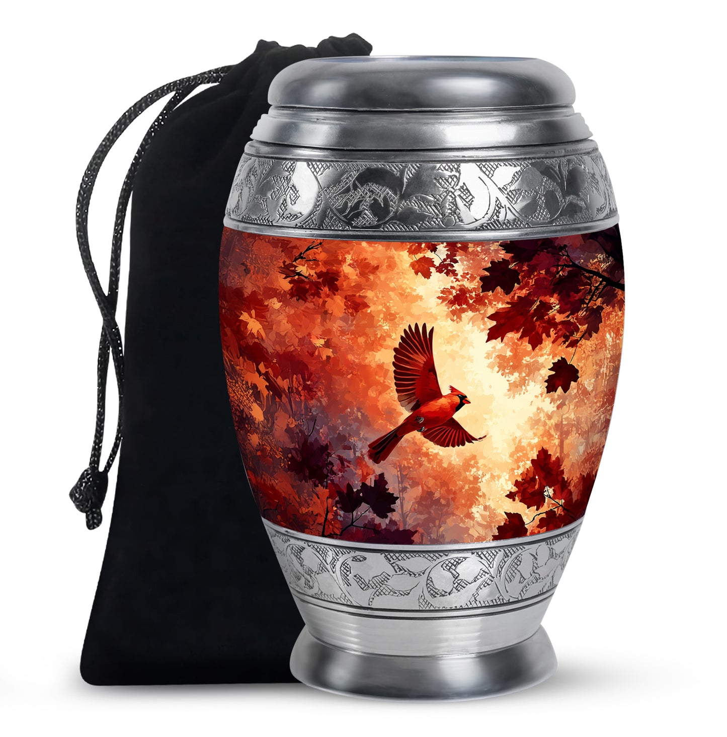 Scarlet Red Cardinal Cremation Urn back view with polished surface - royal cardinal engraving with decorative scrollwork - full-size 10 inch 200 cubic inch adult cremation urn