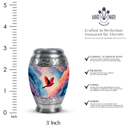 Indigo Cardinal Cremation Urn lifestyle display on memorial shelf - ornate monarch-style cardinal relief on brushed aluminum - mini keepsake memorial for portion of cremation ashes