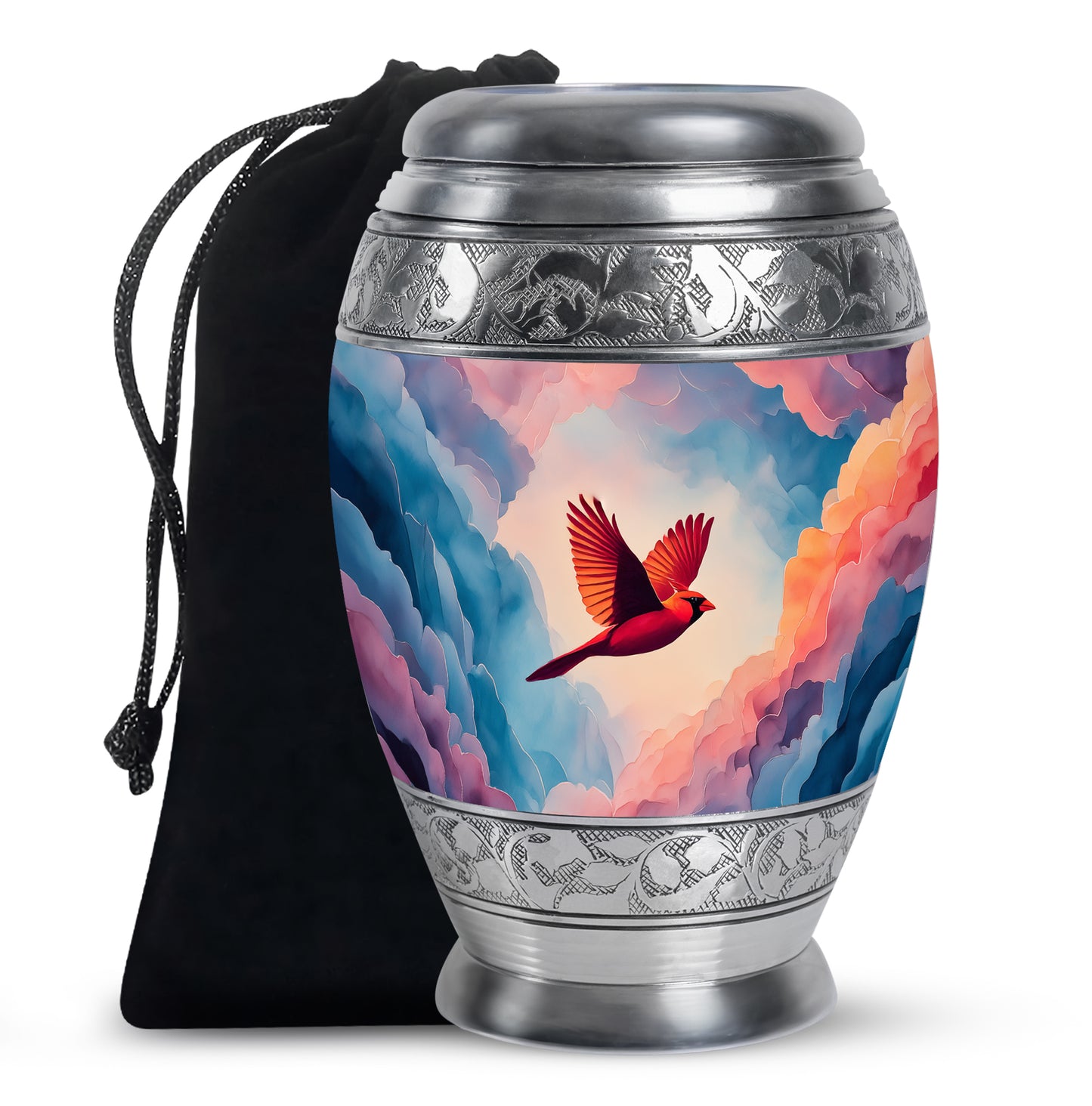 Twilight Blue Cardinal Cremation Urn back view with polished surface - royal cardinal engraving with decorative scrollwork - full-size 10 inch 200 cubic inch adult cremation urn