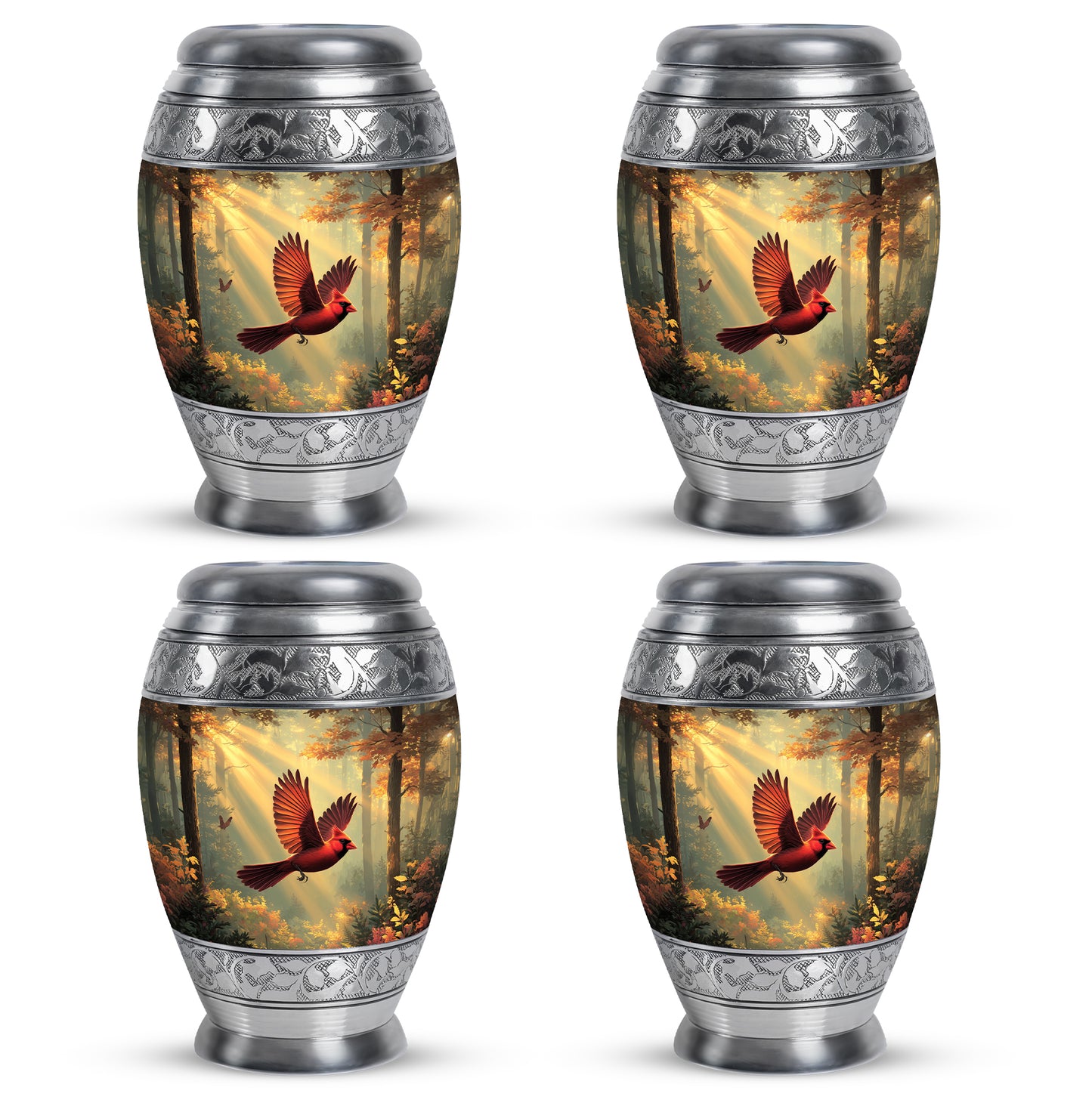 Sunrise Gold Cardinal Cremation Urn urn with complimentary velvet bag - ornate monarch-style cardinal relief on brushed aluminum - 10 inch aluminum urn for cremated remains