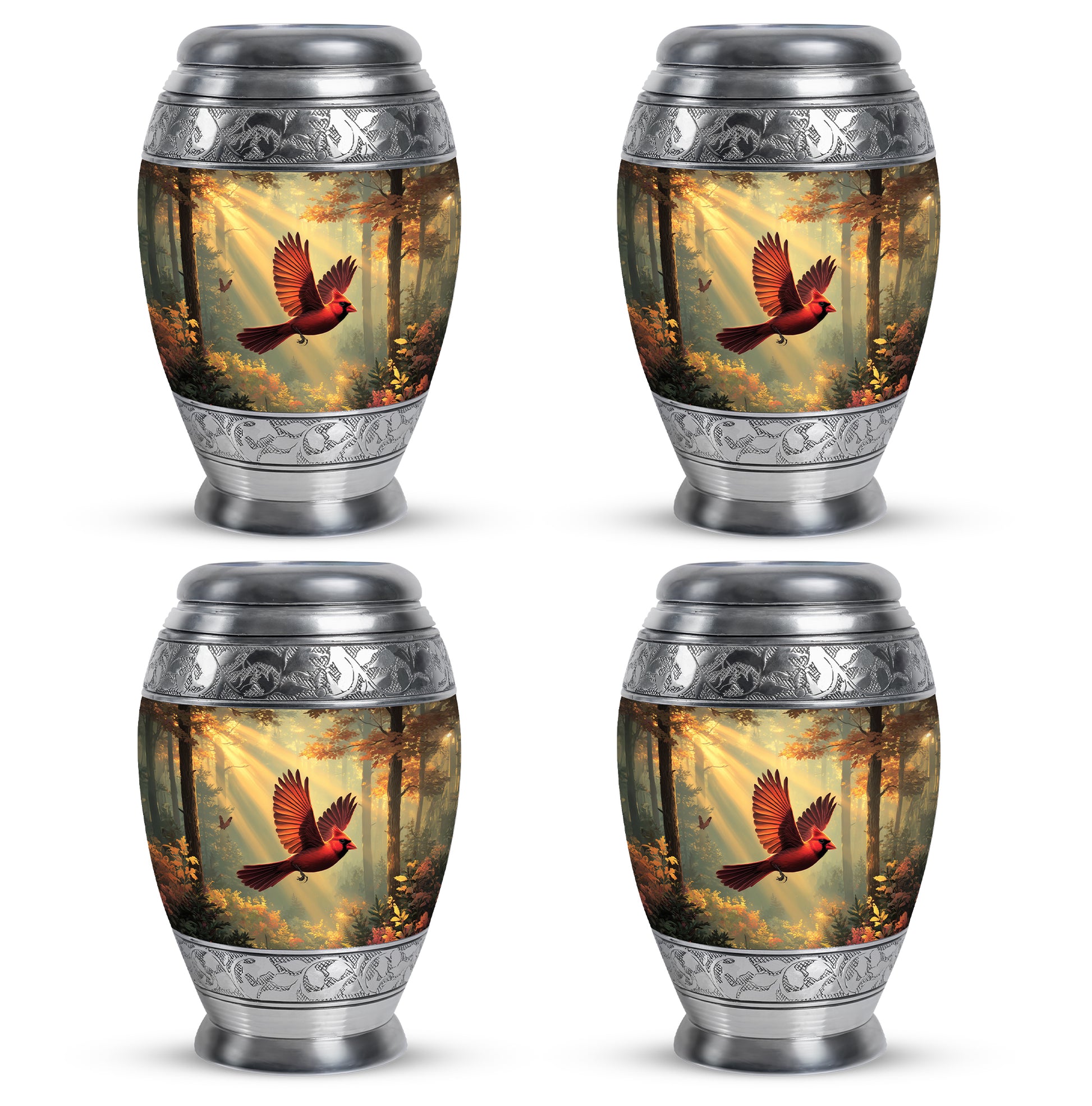 Sunrise Gold Cardinal Cremation Urn urn with complimentary velvet bag - ornate monarch-style cardinal relief on brushed aluminum - 10 inch aluminum urn for cremated remains