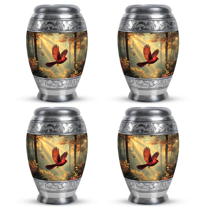 Sunrise Gold Cardinal Cremation Urn urn with complimentary velvet bag - ornate monarch-style cardinal relief on brushed aluminum - 10 inch aluminum urn for cremated remains
