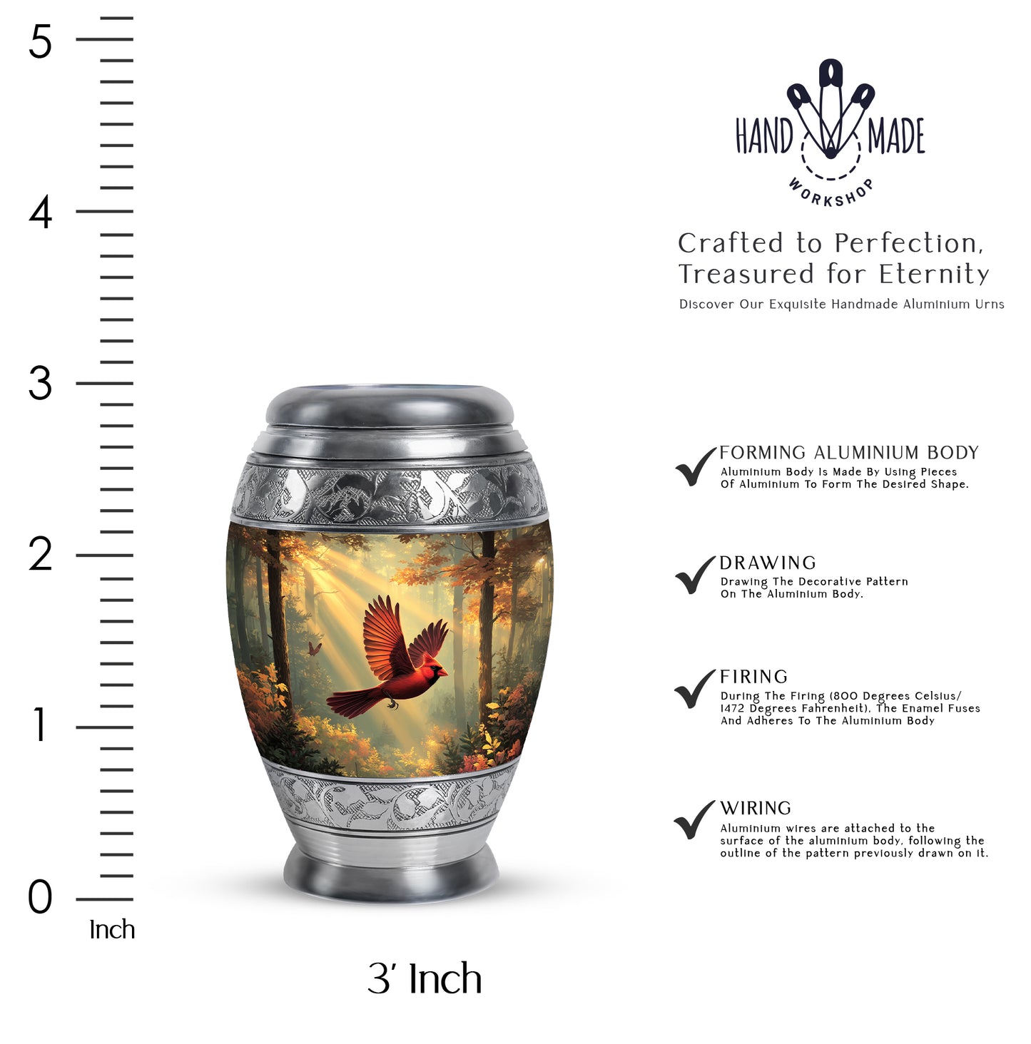 Gilded Gold Cardinal Cremation Urn lifestyle display on memorial shelf - ornate monarch-style cardinal relief on brushed aluminum - mini keepsake memorial for portion of cremation ashes