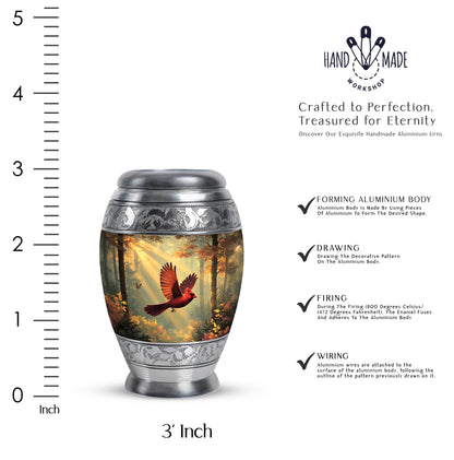 Gilded Gold Cardinal Cremation Urn lifestyle display on memorial shelf - ornate monarch-style cardinal relief on brushed aluminum - mini keepsake memorial for portion of cremation ashes