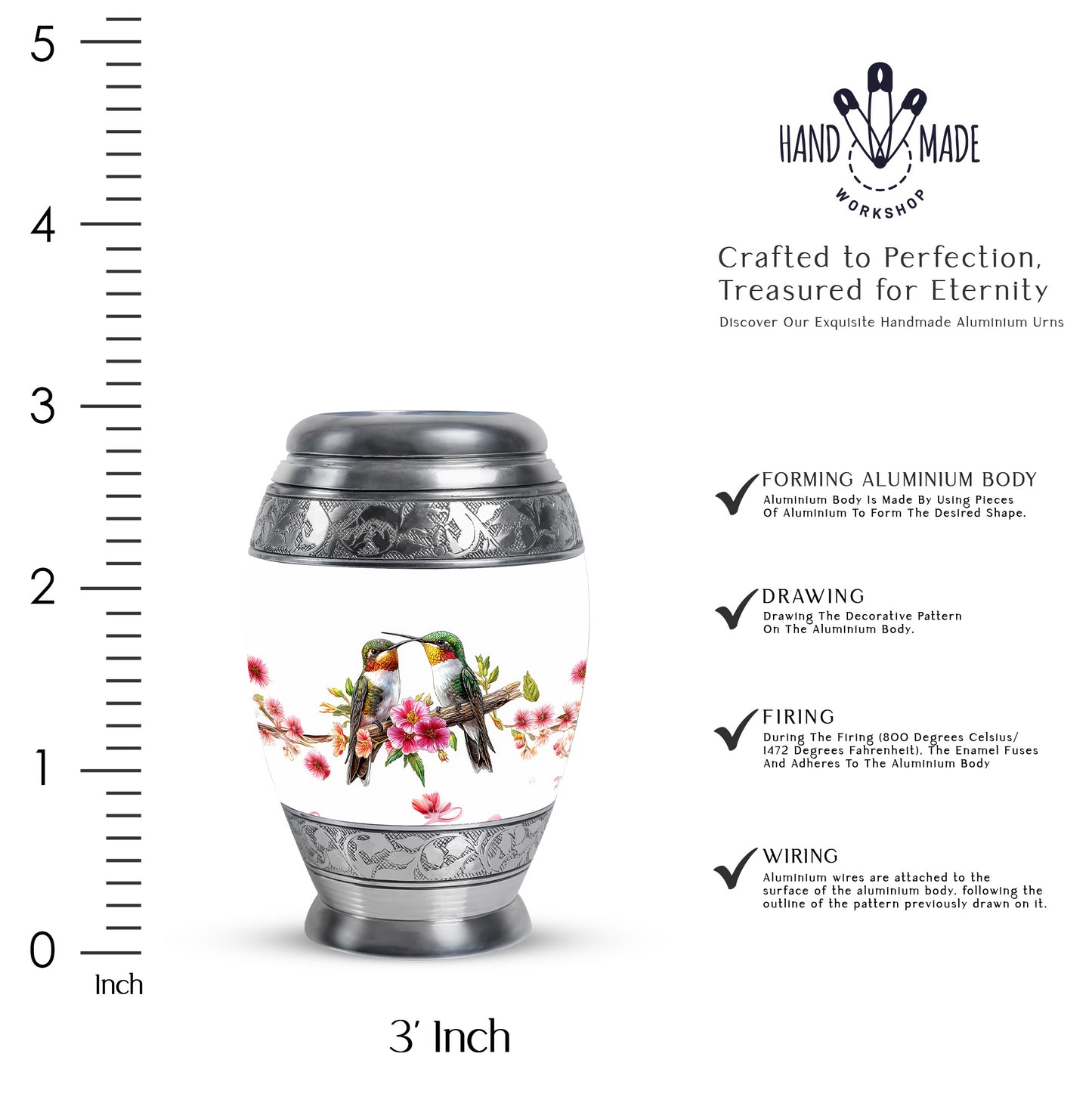 Antique Silver Hummingbird Cremation Urn lifestyle display on memorial shelf - royal hummingbird engraving with decorative scrollwork - mini keepsake memorial for portion of cremation ashes