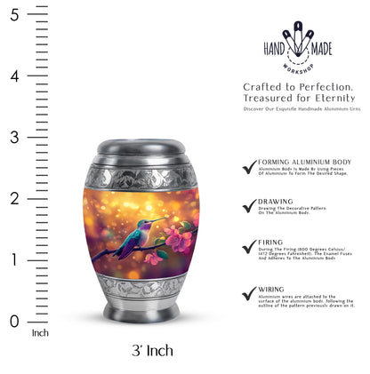 Sunrise Gold Hummingbird Cremation Urn lifestyle display on memorial shelf - ornate monarch-style hummingbird relief on brushed aluminum - mini keepsake memorial for portion of cremation ashes