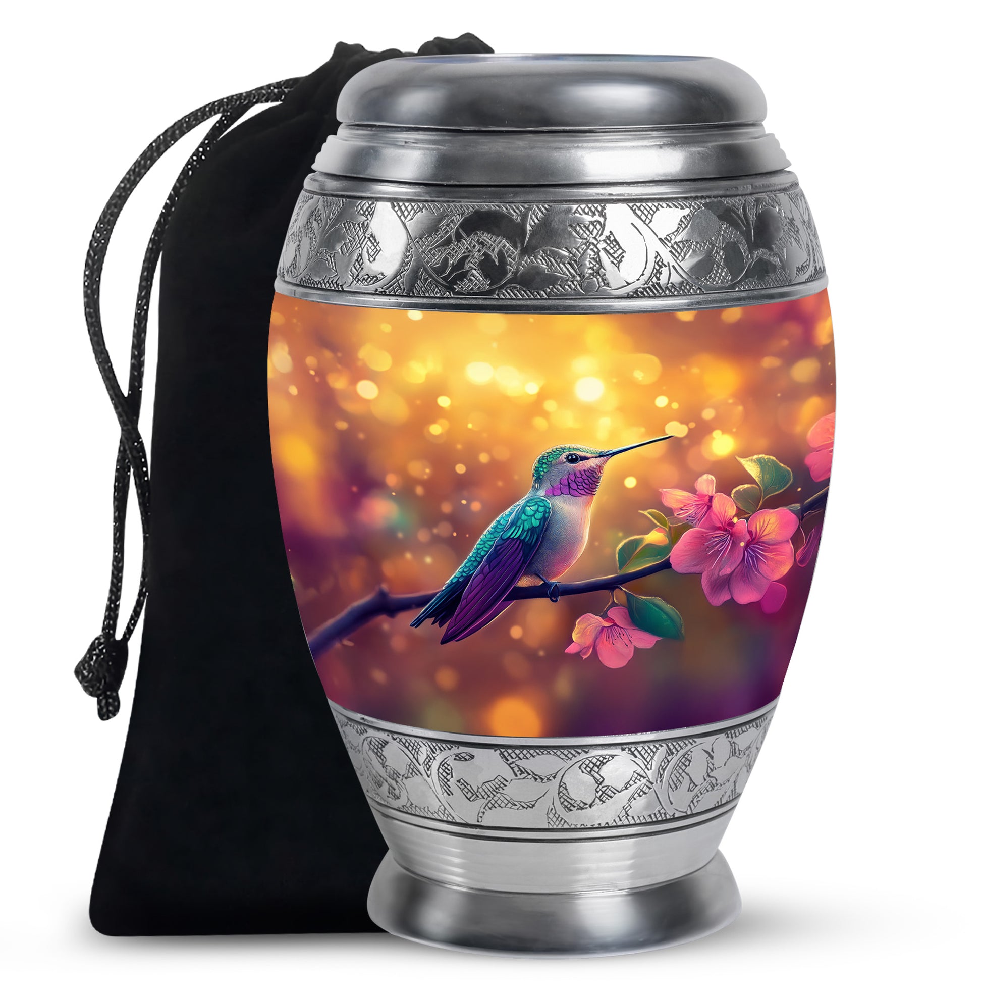 Champagne Gold Hummingbird Cremation Urn back view with polished surface - regal hummingbird design with crown-inspired accents - full-size 10 inch 200 cubic inch adult cremation urn