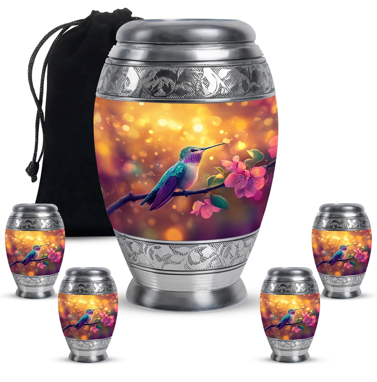 Amber Gold Hummingbird Cremation Urn detail view - regal hummingbird design with crown-inspired accents - memorial set with one large and four small urns
