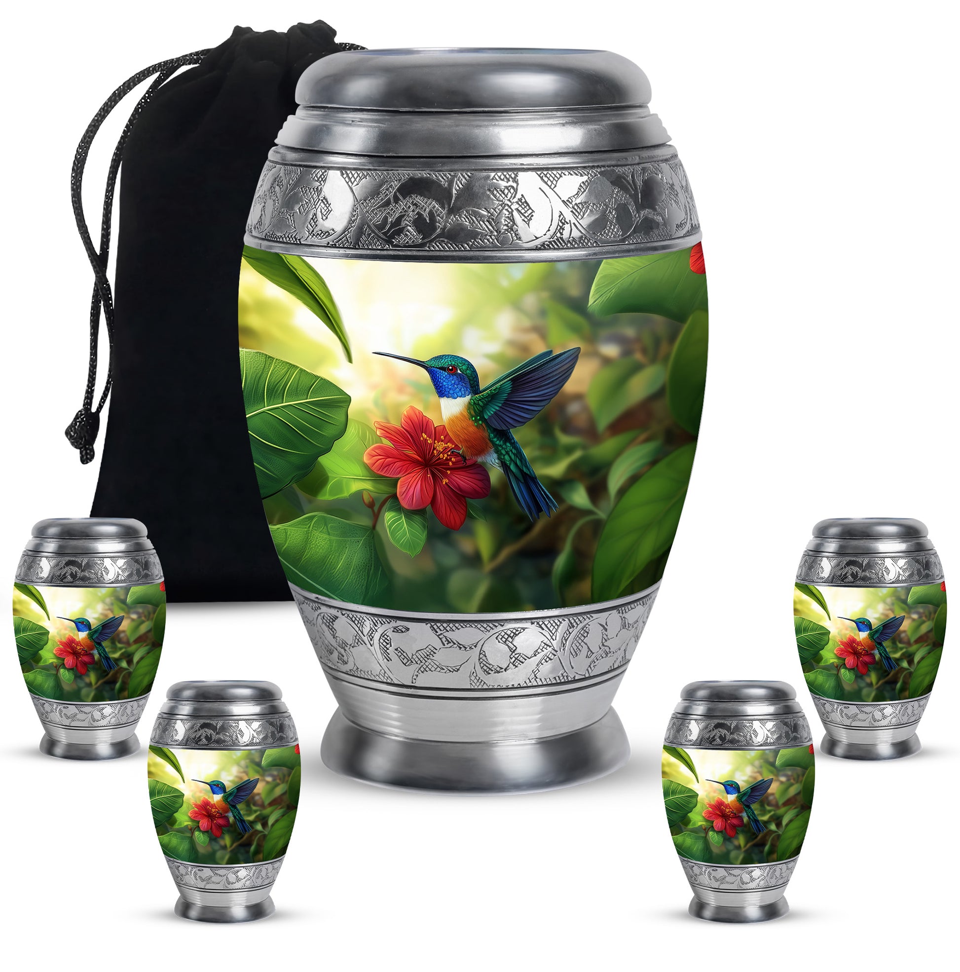 Harvest Yellow Hummingbird Cremation Urn detail view - ornate monarch-style hummingbird relief on brushed aluminum - memorial set with one large and four small urns