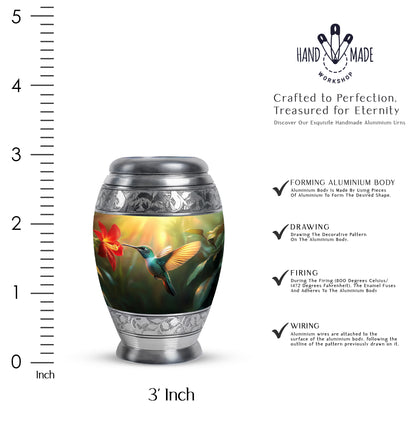 Warm Gold Hummingbird Cremation Urn lifestyle display on memorial shelf - royal hummingbird engraving with decorative scrollwork - mini keepsake memorial for portion of cremation ashes