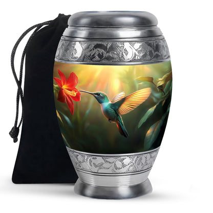Antique Gold Hummingbird Cremation Urn back view with polished surface - ornate monarch-style hummingbird relief on brushed aluminum - full-size 10 inch 200 cubic inch adult cremation urn