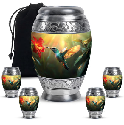 Royal Gold Hummingbird Cremation Urn detail view - royal hummingbird engraving with decorative scrollwork - memorial set with one large and four small urns
