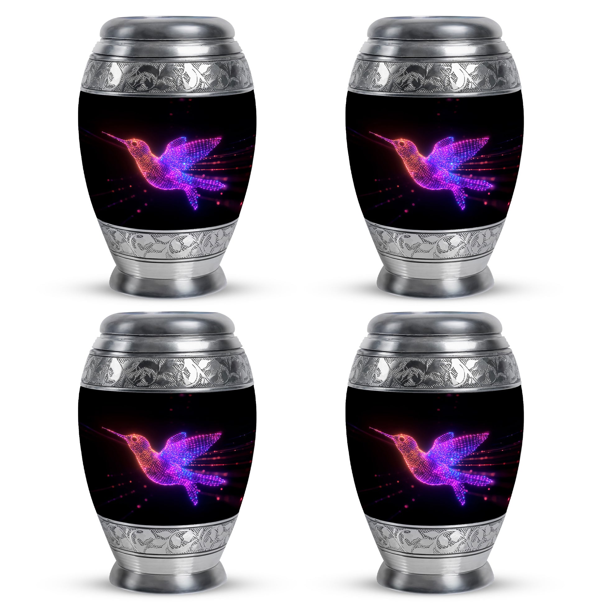 Deep Black Hummingbird Cremation Urn urn with complimentary velvet bag - ornate monarch-style hummingbird relief on brushed aluminum - 10 inch aluminum urn for cremated remains