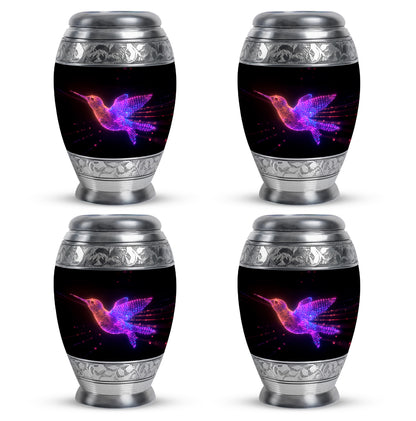Deep Black Hummingbird Cremation Urn urn with complimentary velvet bag - ornate monarch-style hummingbird relief on brushed aluminum - 10 inch aluminum urn for cremated remains