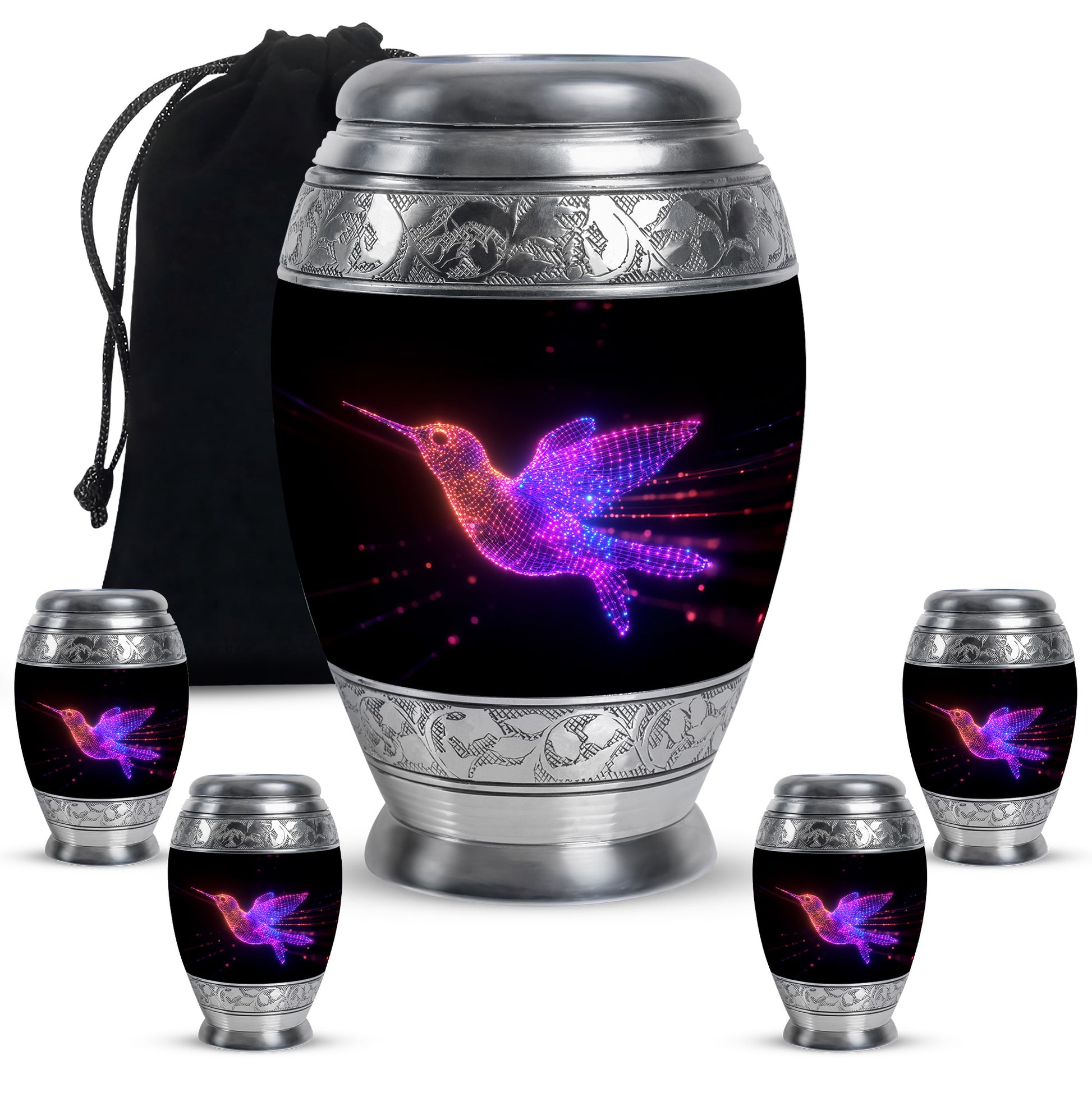 Ebony Hummingbird Cremation Urn detail view - regal hummingbird design with crown-inspired accents - memorial set with one large and four small urns