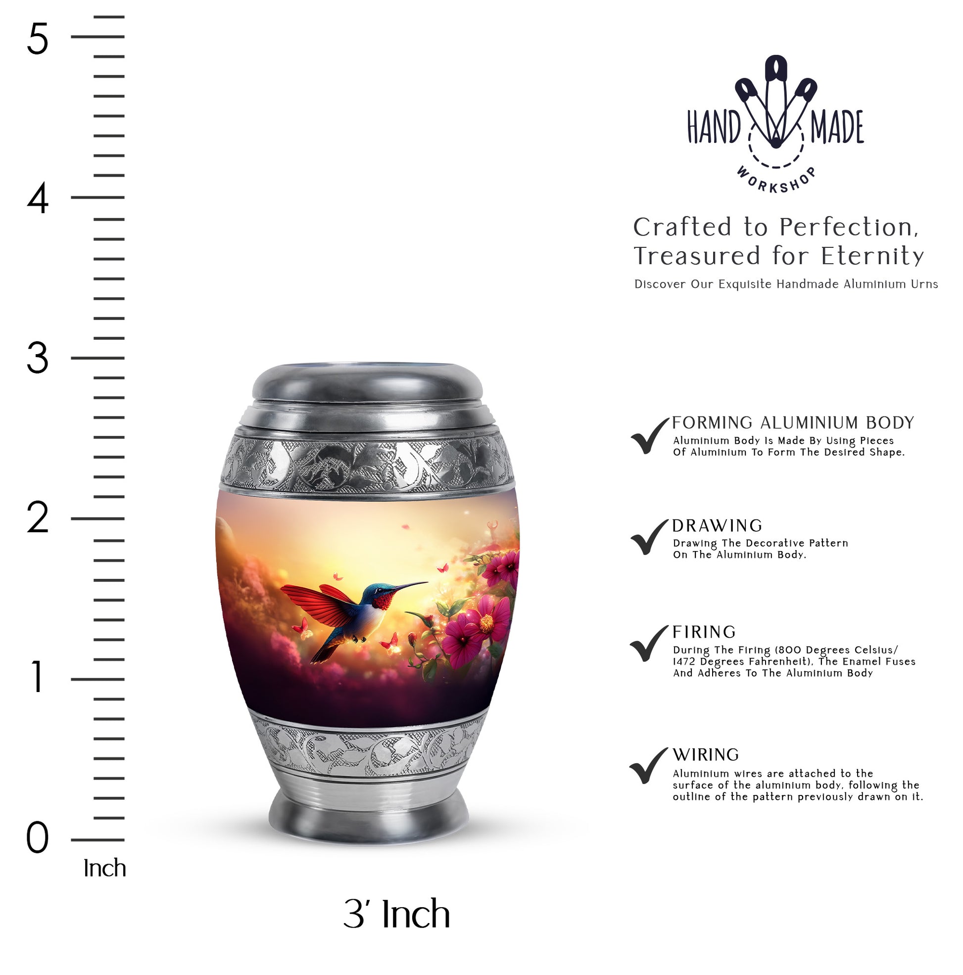Warm Gold Hummingbird Cremation Urn lifestyle display on memorial shelf - majestic hummingbird pattern with filigree border - mini keepsake memorial for portion of cremation ashes