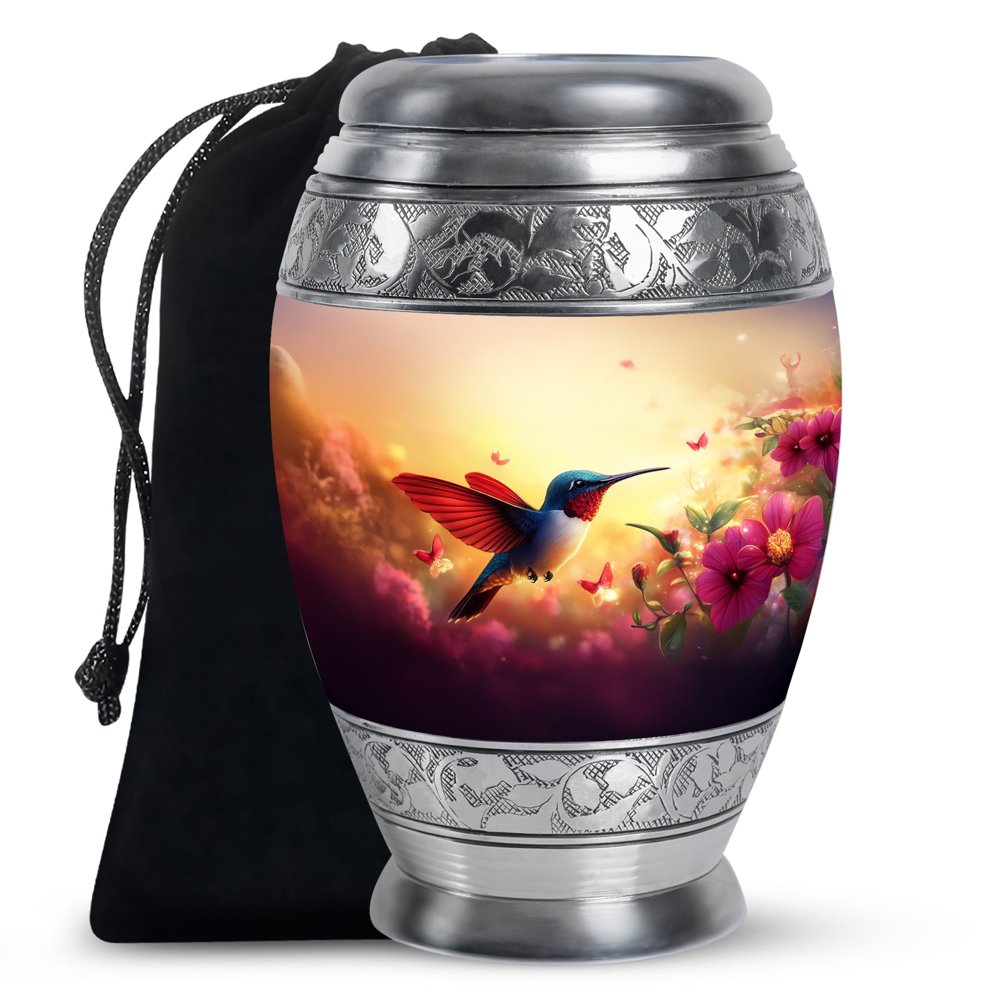 Royal Gold Hummingbird Cremation Urn back view with polished surface - royal hummingbird engraving with decorative scrollwork - full-size 10 inch 200 cubic inch adult cremation urn
