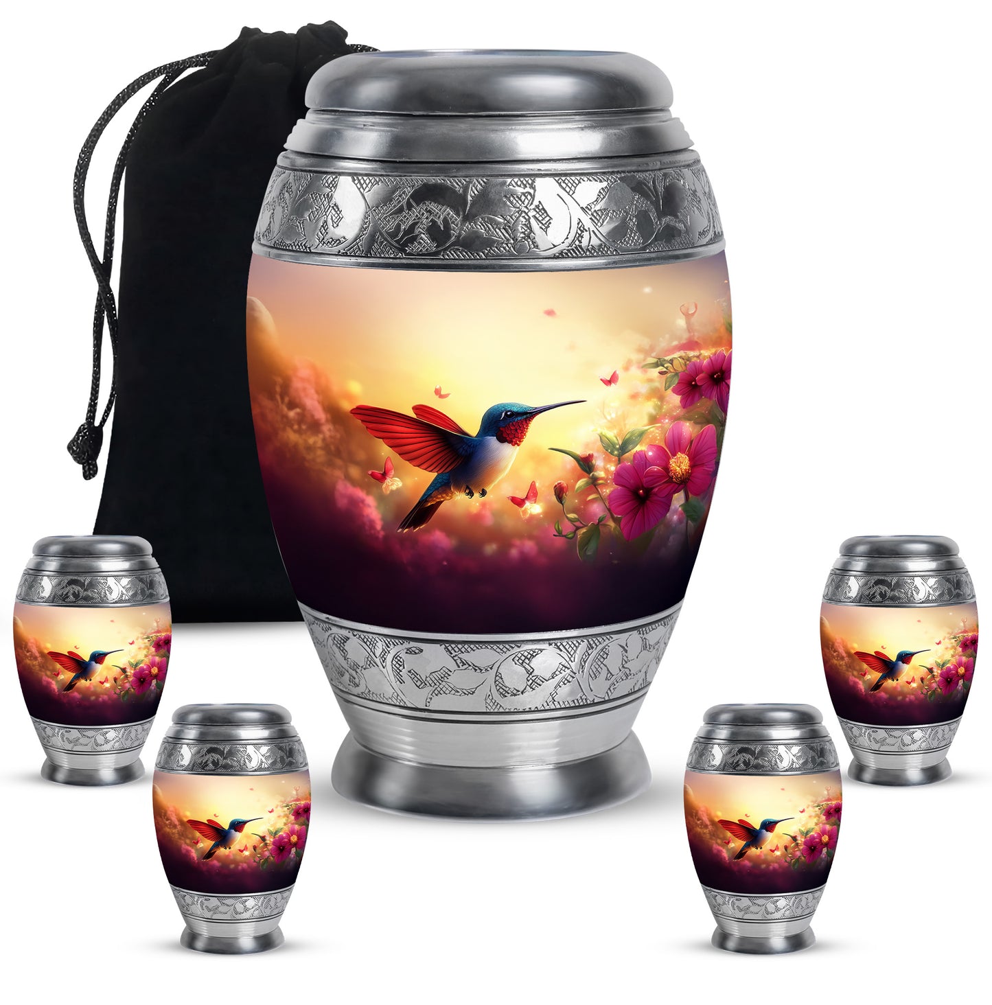Amber Gold Hummingbird Cremation Urn detail view - ornate monarch-style hummingbird relief on brushed aluminum - memorial set with one large and four small urns