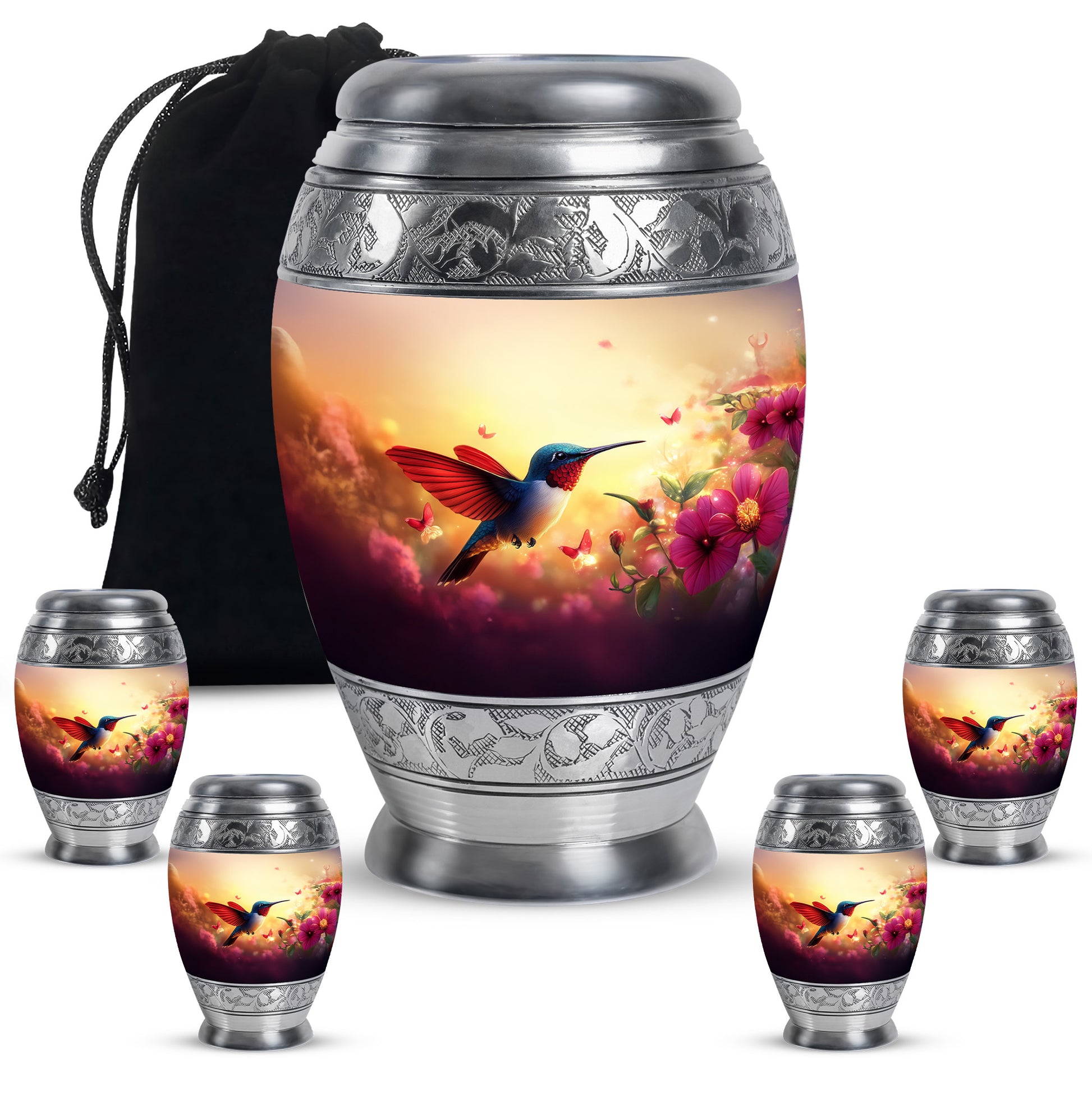 Amber Gold Hummingbird Cremation Urn detail view - ornate monarch-style hummingbird relief on brushed aluminum - memorial set with one large and four small urns