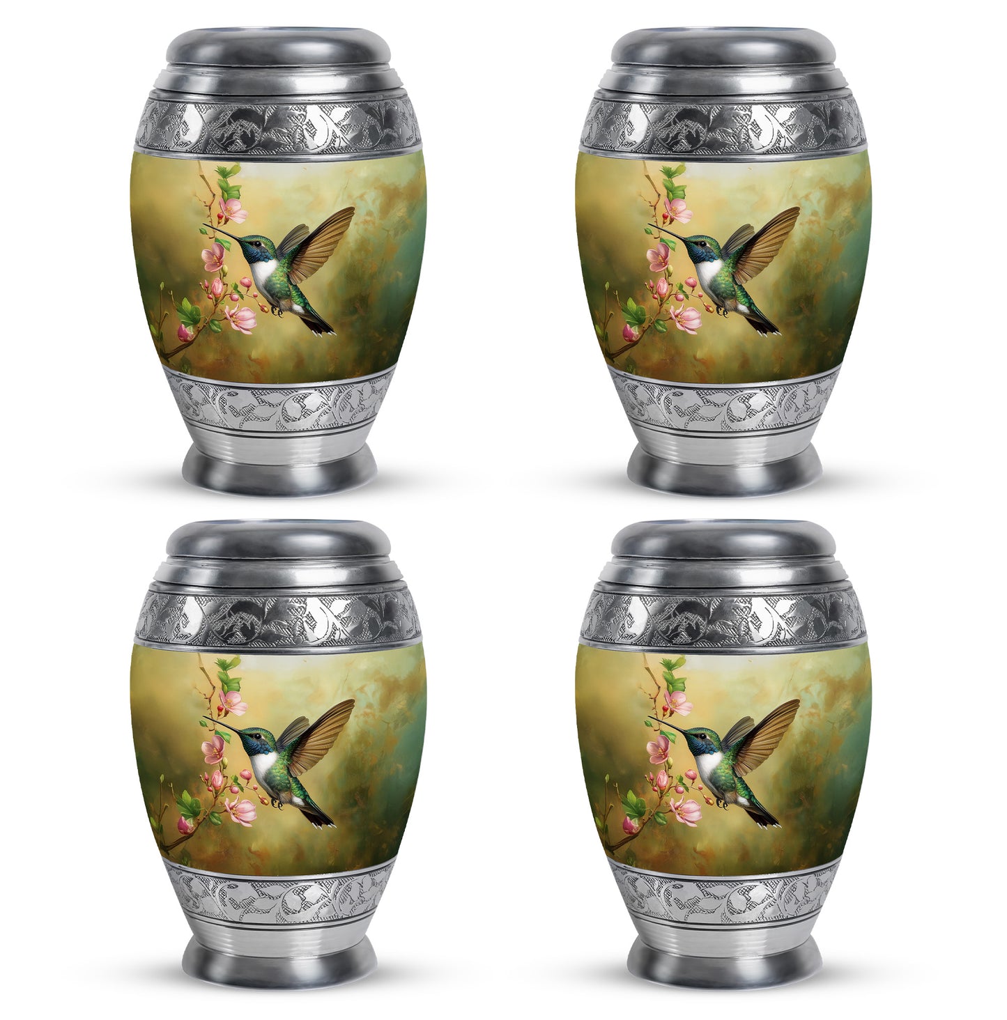 Sunrise Gold Hummingbird Cremation Urn urn with complimentary velvet bag - regal hummingbird design with crown-inspired accents - 10 inch aluminum urn for cremated remains