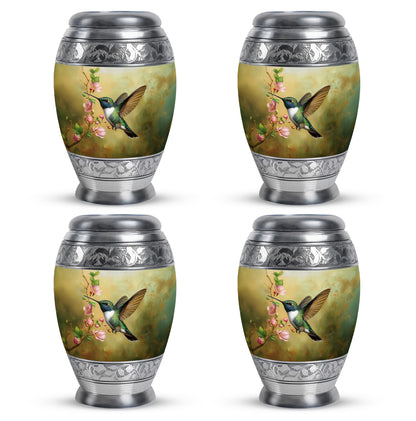 Sunrise Gold Hummingbird Cremation Urn urn with complimentary velvet bag - regal hummingbird design with crown-inspired accents - 10 inch aluminum urn for cremated remains