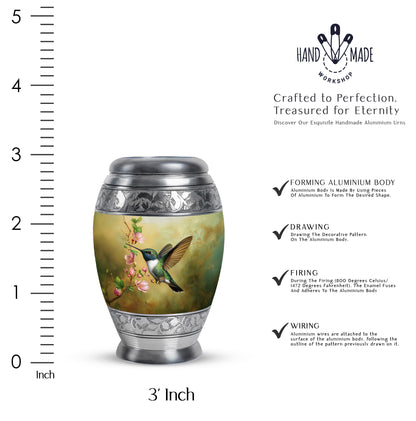Gilded Gold Hummingbird Cremation Urn lifestyle display on memorial shelf - ornate monarch-style hummingbird relief on brushed aluminum - mini keepsake memorial for portion of cremation ashes