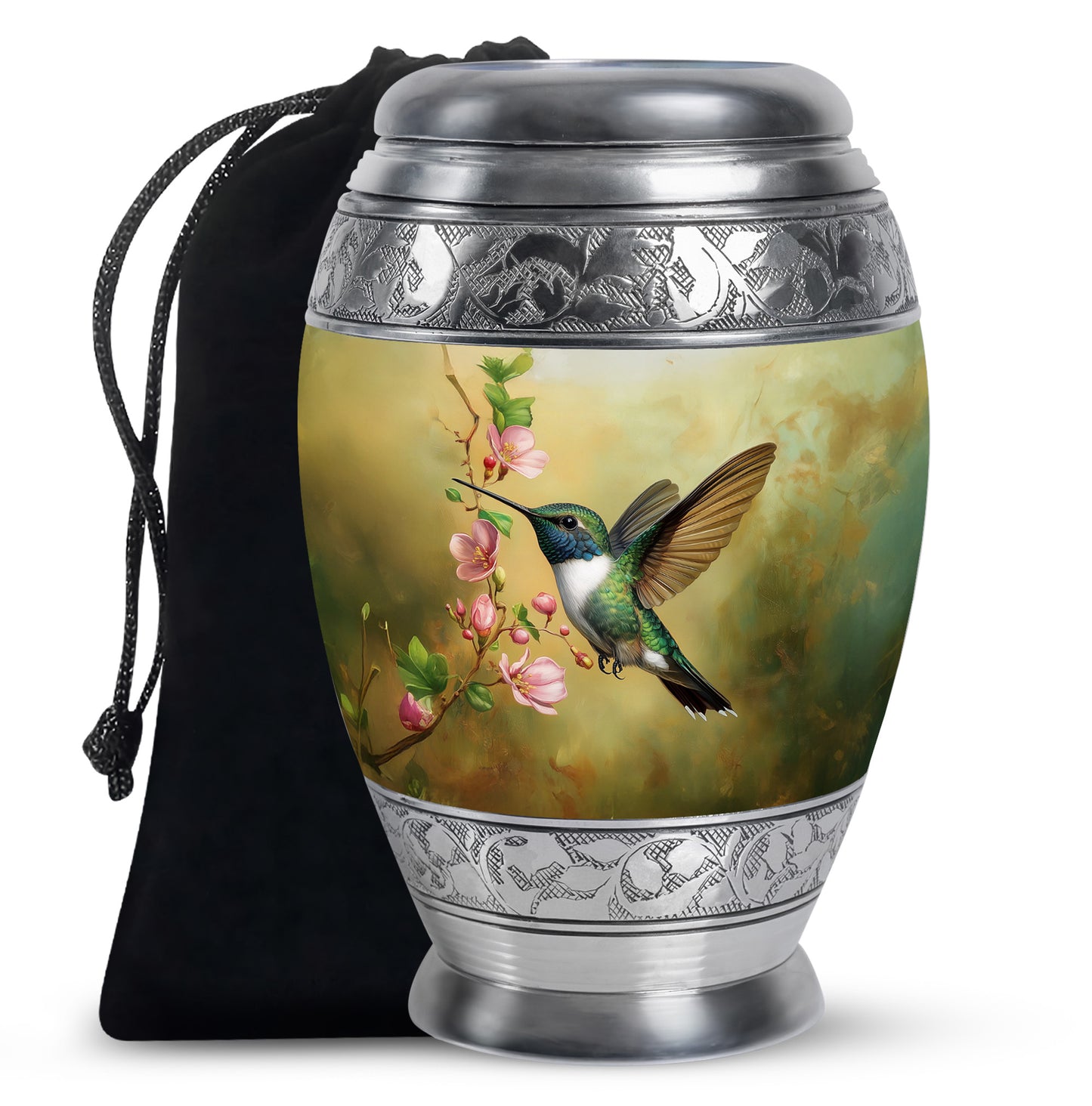 Harvest Gold Hummingbird Cremation Urn back view with polished surface - majestic hummingbird pattern with filigree border - full-size 10 inch 200 cubic inch adult cremation urn