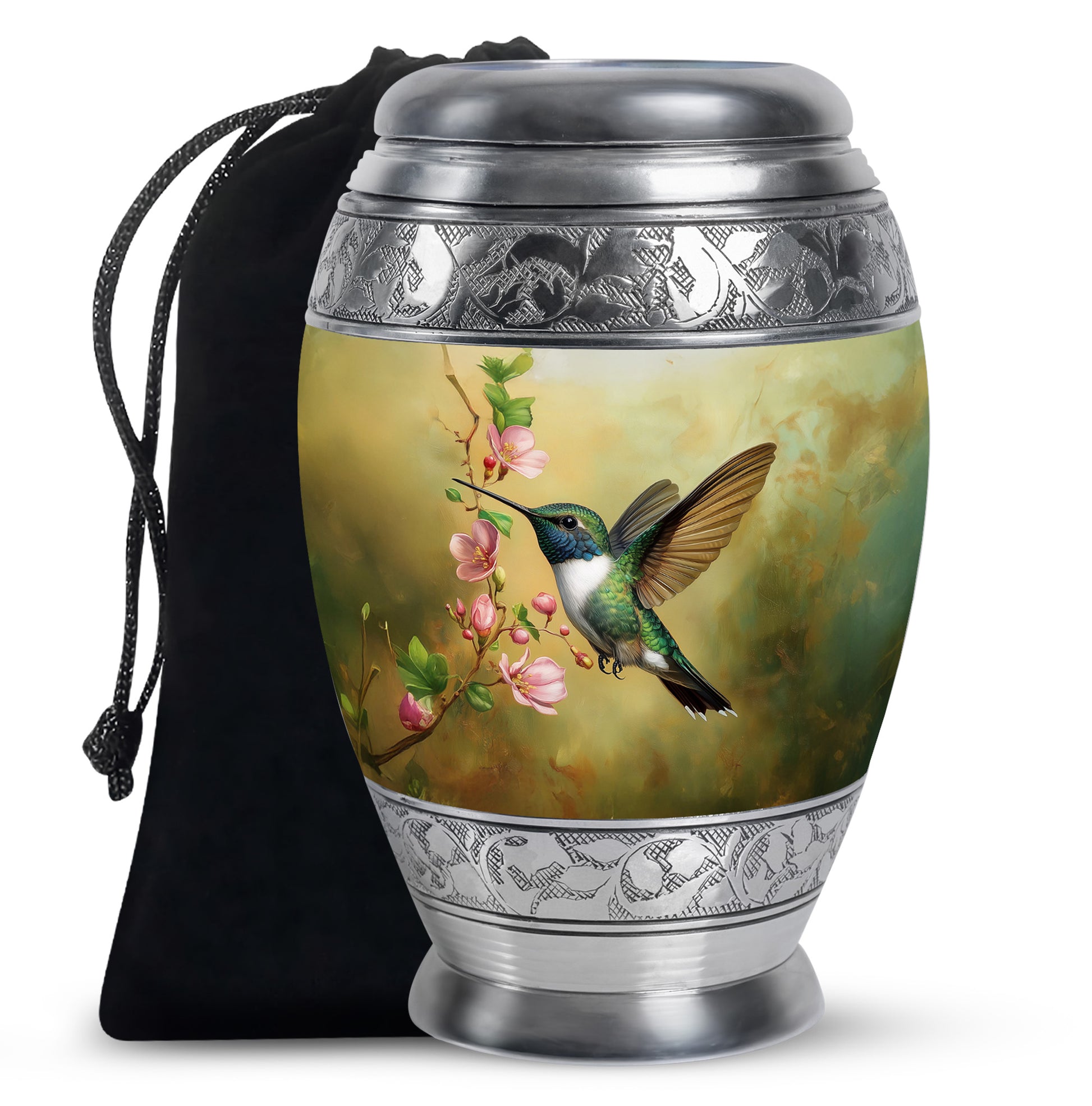 Harvest Gold Hummingbird Cremation Urn back view with polished surface - majestic hummingbird pattern with filigree border - full-size 10 inch 200 cubic inch adult cremation urn