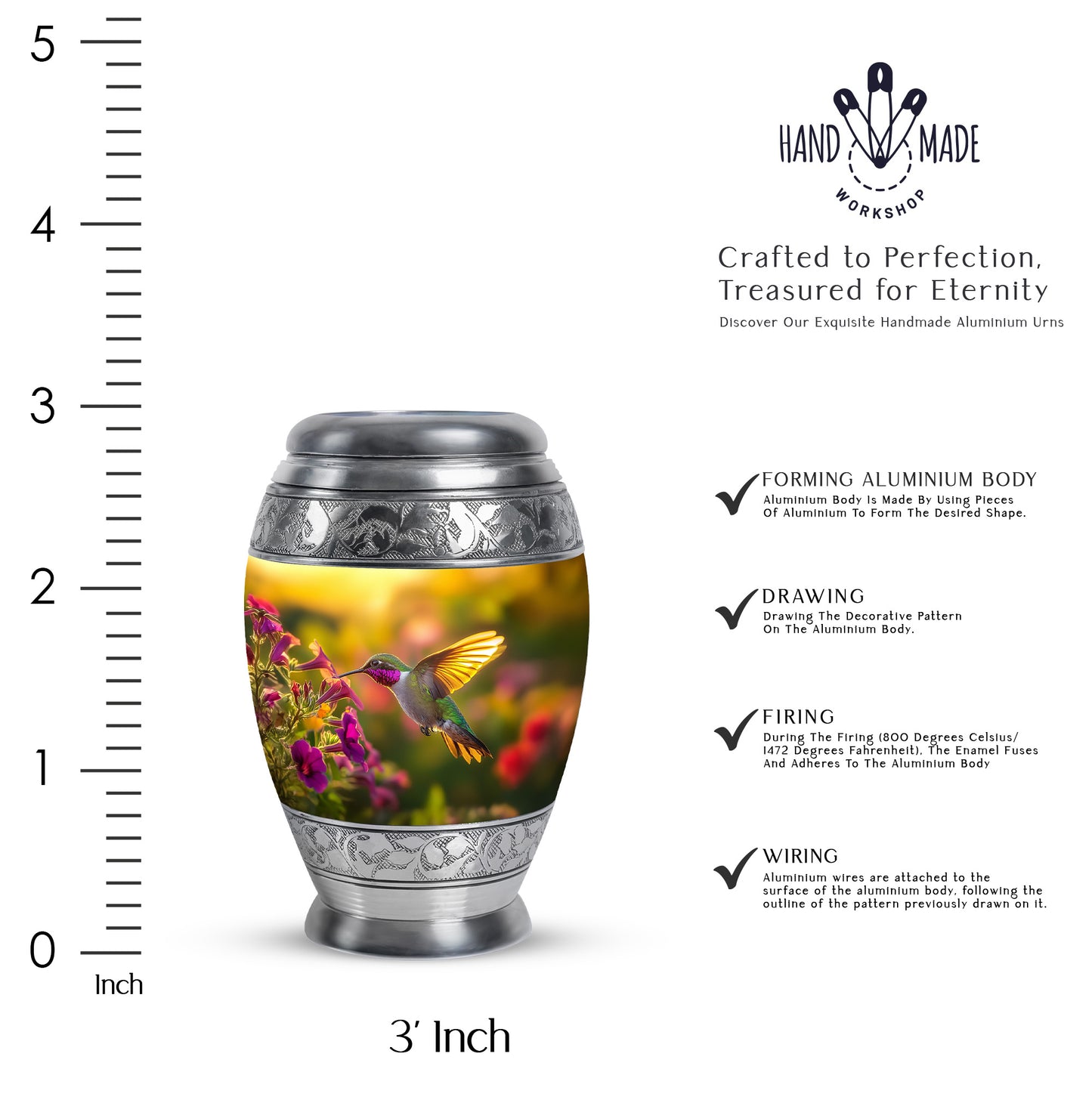 Warm Gold Hummingbird Cremation Urn lifestyle display on memorial shelf - majestic hummingbird pattern with filigree border - mini keepsake memorial for portion of cremation ashes