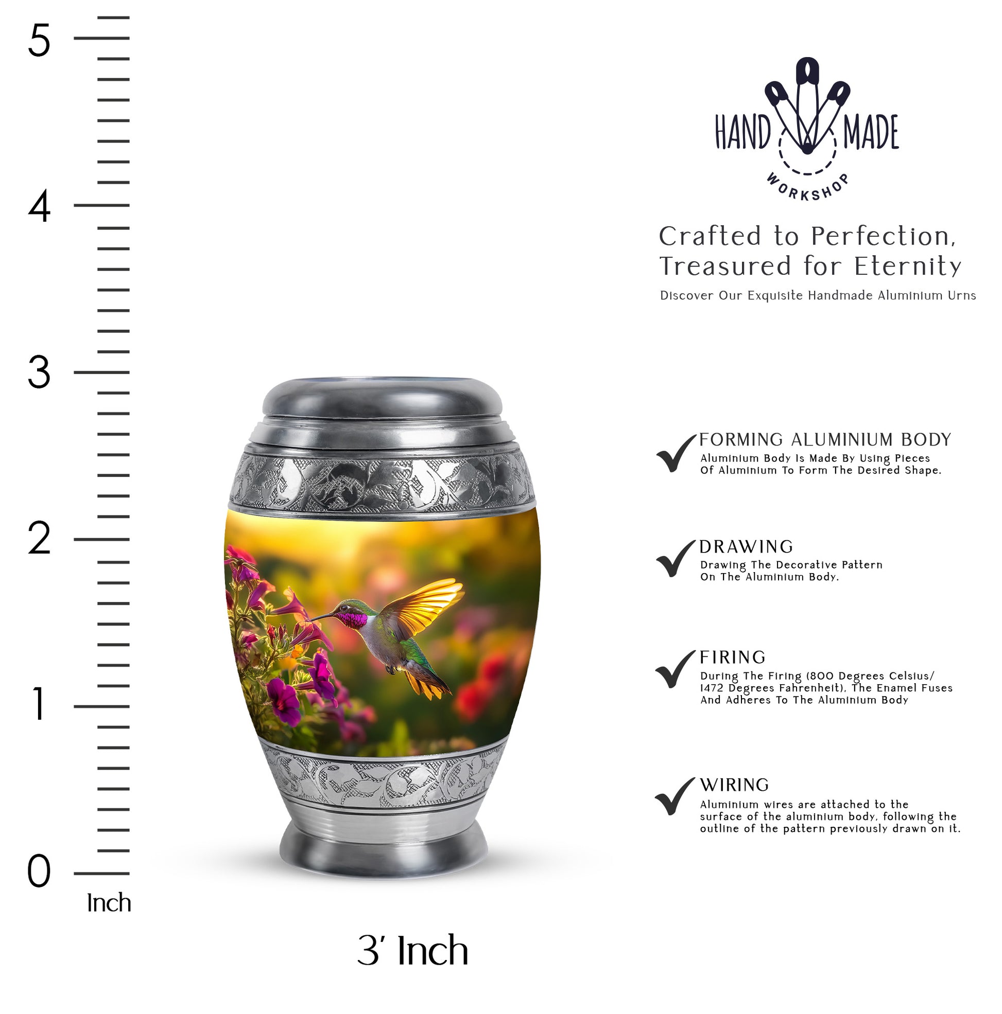 Warm Gold Hummingbird Cremation Urn lifestyle display on memorial shelf - majestic hummingbird pattern with filigree border - mini keepsake memorial for portion of cremation ashes