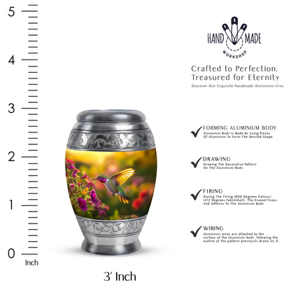 Warm Gold Hummingbird Cremation Urn lifestyle display on memorial shelf - majestic hummingbird pattern with filigree border - mini keepsake memorial for portion of cremation ashes