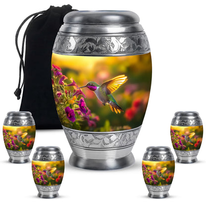 Harvest Gold Hummingbird Cremation Urn detail view - royal hummingbird engraving with decorative scrollwork - memorial set with one large and four small urns