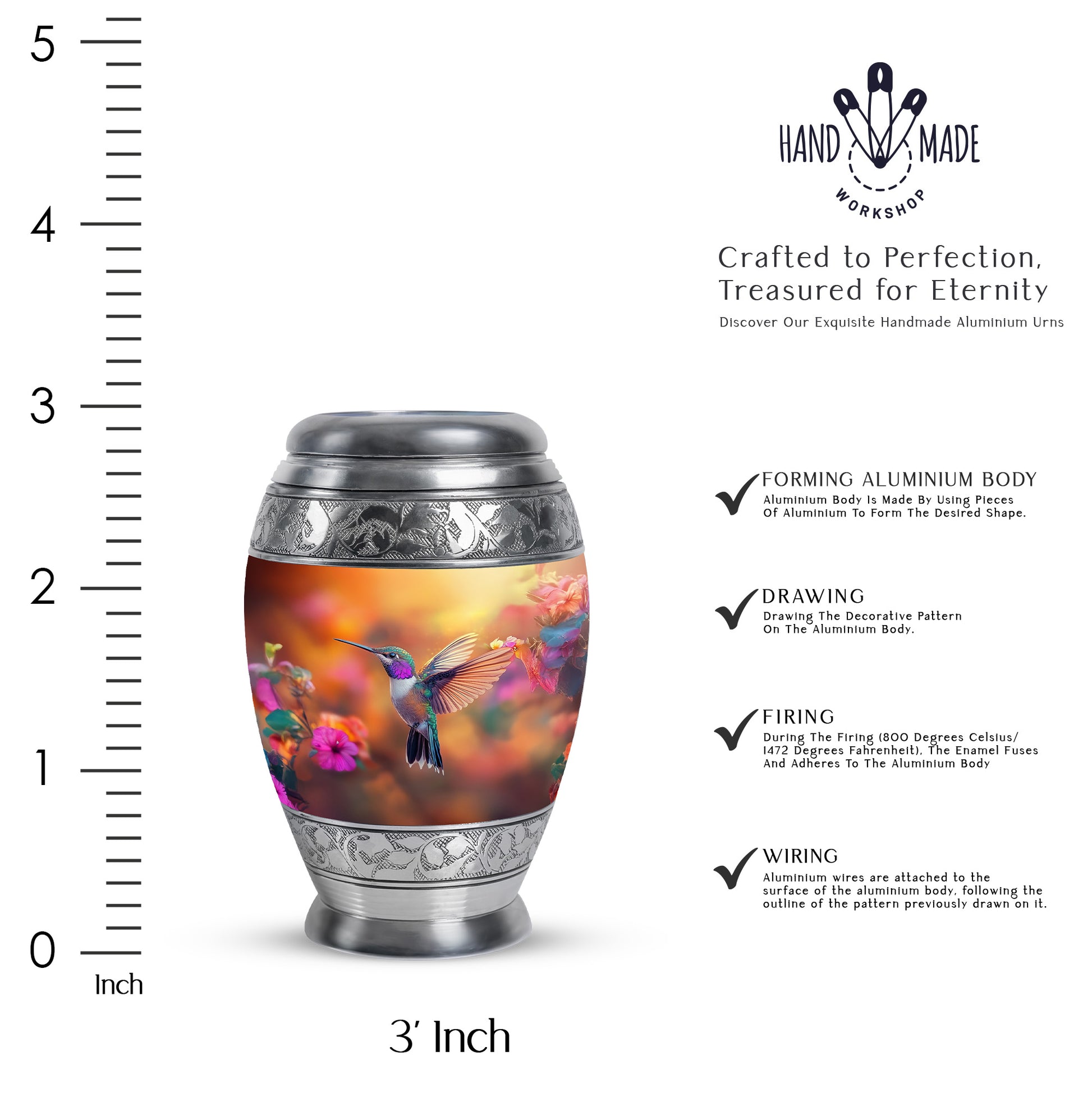 Champagne Gold Hummingbird Cremation Urn lifestyle display on memorial shelf - ornate monarch-style hummingbird relief on brushed aluminum - mini keepsake memorial for portion of cremation ashes