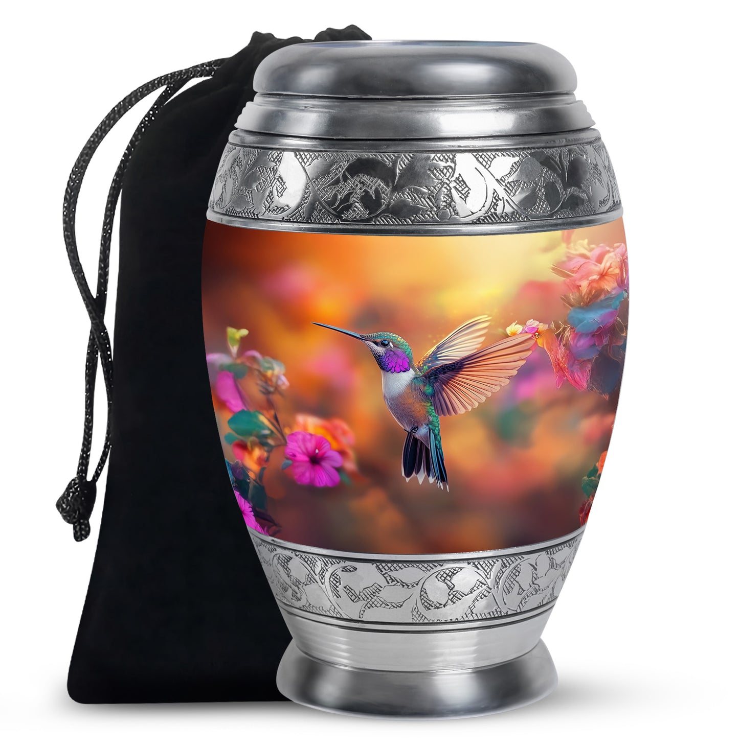 Warm Gold Hummingbird Cremation Urn back view with polished surface - royal hummingbird engraving with decorative scrollwork - full-size 10 inch 200 cubic inch adult cremation urn