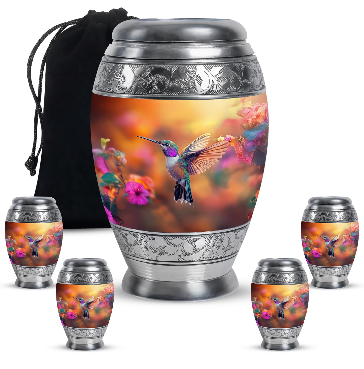 Warm Gold Hummingbird Cremation Urn detail view - royal hummingbird engraving with decorative scrollwork - memorial set with one large and four small urns