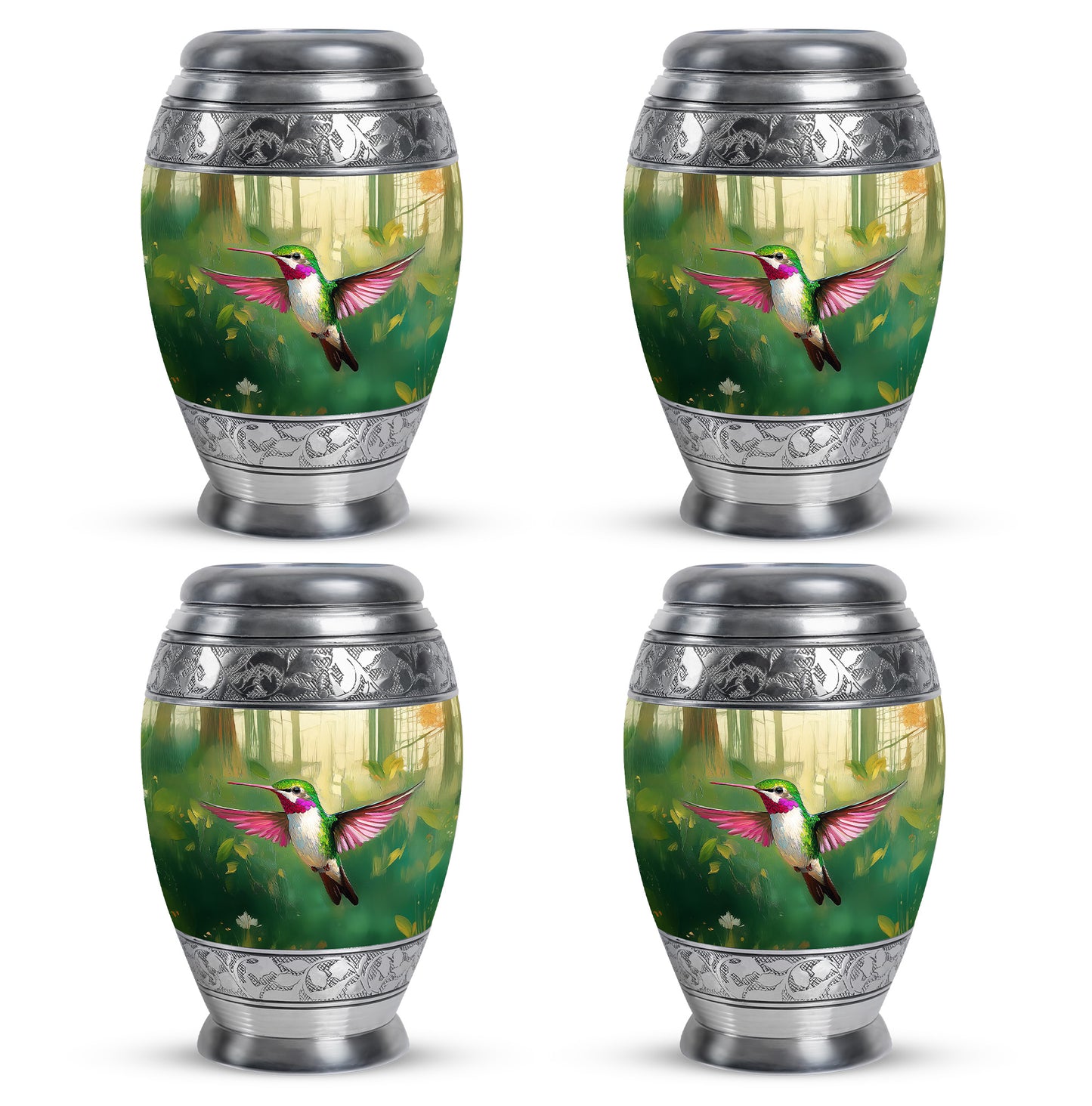 Emerald Green Hummingbird Cremation Urn urn with complimentary velvet bag - ornate monarch-style hummingbird relief on brushed aluminum - 10 inch aluminum urn for cremated remains