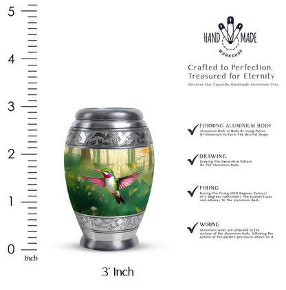 Emerald Green Hummingbird Cremation Urn lifestyle display on memorial shelf - regal hummingbird design with crown-inspired accents - mini keepsake memorial for portion of cremation ashes