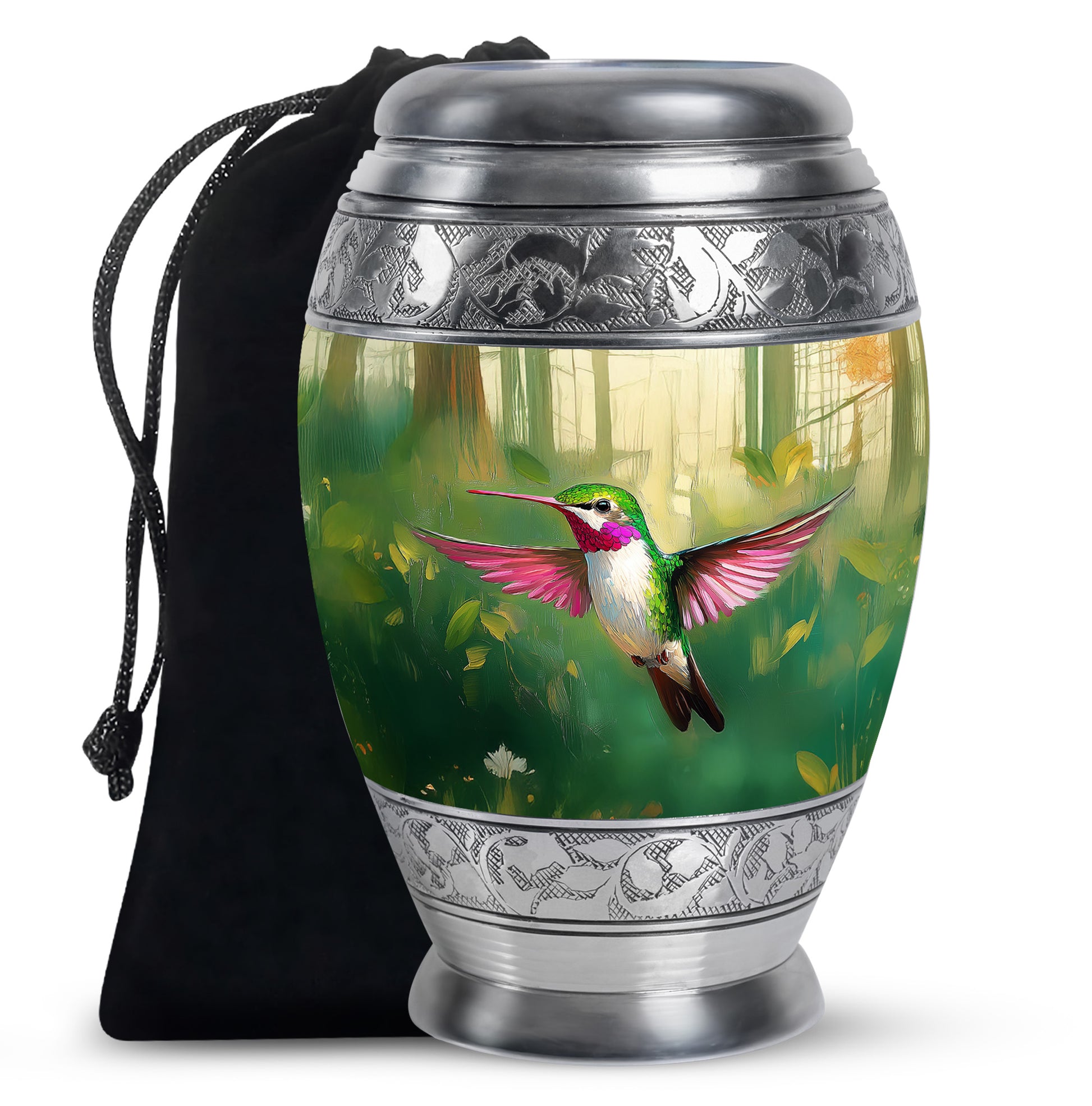 Forest Green Hummingbird Cremation Urn back view with polished surface - royal hummingbird engraving with decorative scrollwork - full-size 10 inch 200 cubic inch adult cremation urn