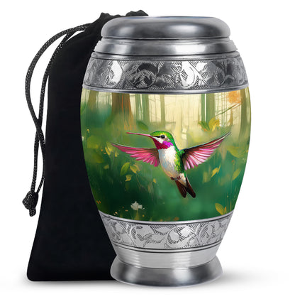 Forest Green Hummingbird Cremation Urn back view with polished surface - royal hummingbird engraving with decorative scrollwork - full-size 10 inch 200 cubic inch adult cremation urn