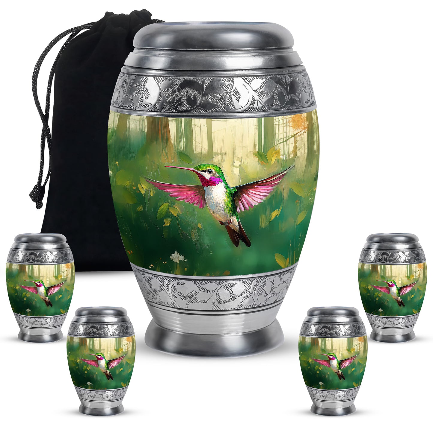 Emerald Green Hummingbird Cremation Urn detail view - regal hummingbird design with crown-inspired accents - memorial set with one large and four small urns