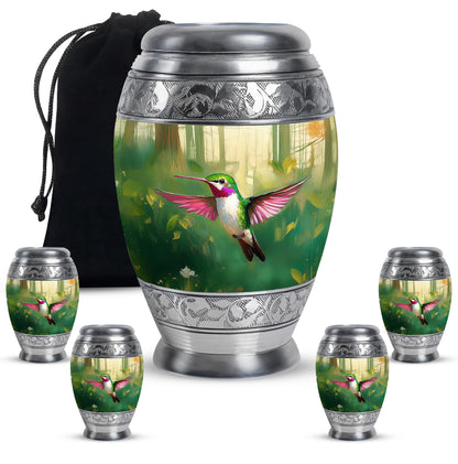 Emerald Green Hummingbird Cremation Urn detail view - regal hummingbird design with crown-inspired accents - memorial set with one large and four small urns