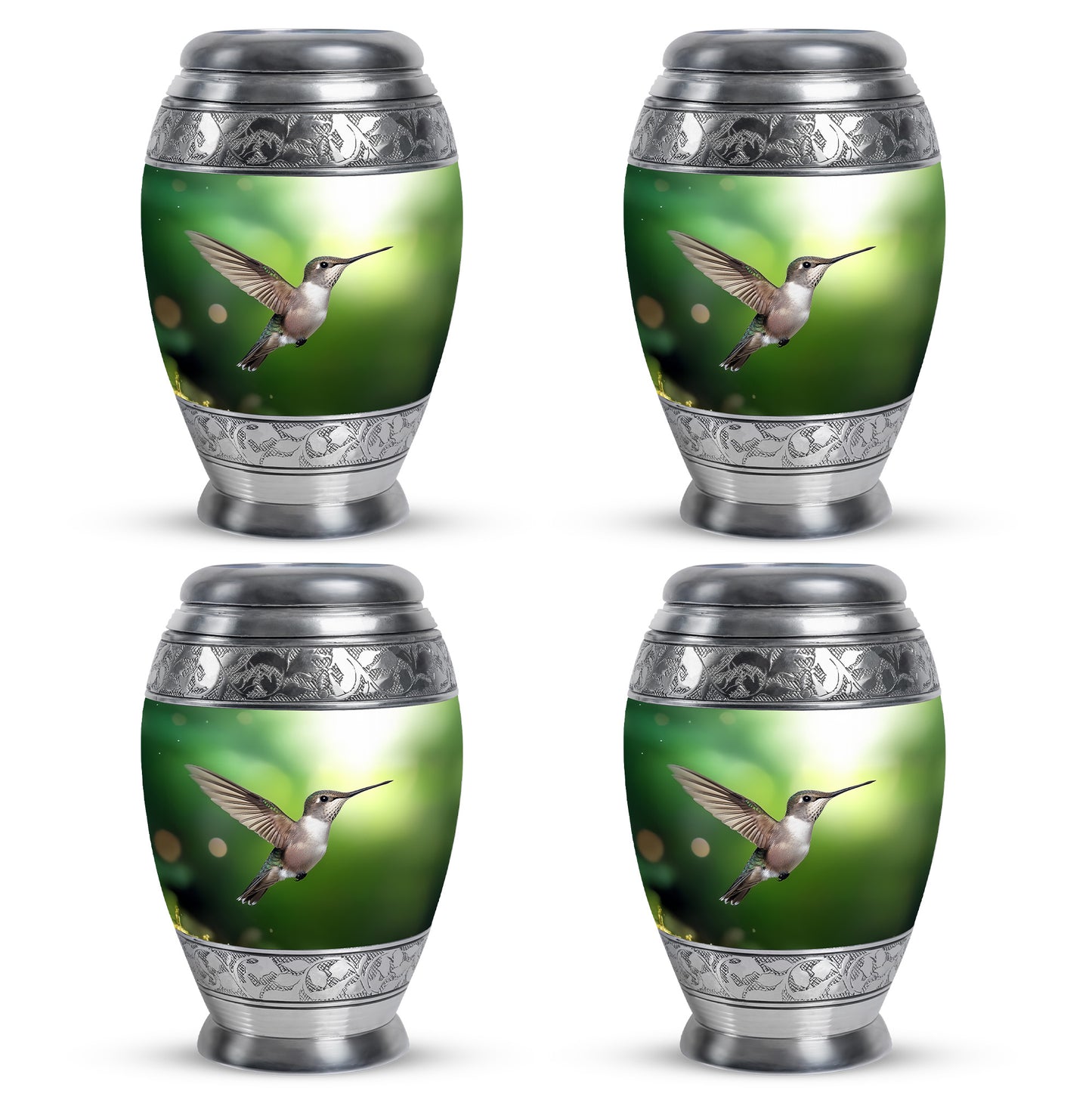 Verdant Green Hummingbird Cremation Urn urn with complimentary velvet bag - ornate monarch-style hummingbird relief on brushed aluminum - 10 inch aluminum urn for cremated remains